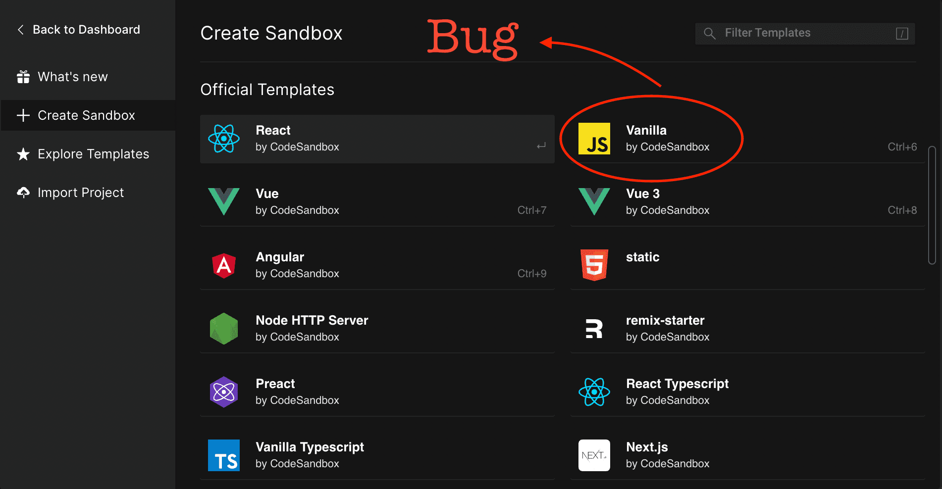 Bug in Codesandbox's VanillaJS Container